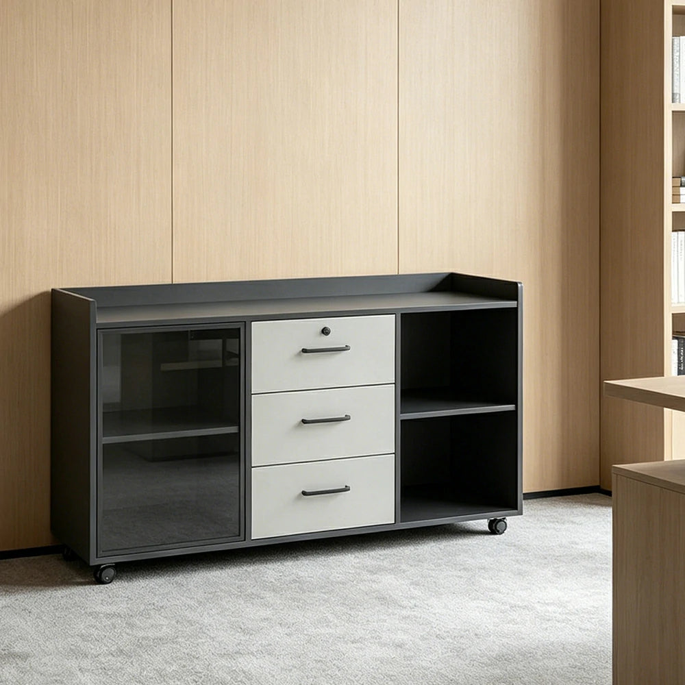 LIVARA Mobile Office Storage Cabinet - 3 Drawers and Open Shelves Printer Stand - Grey White