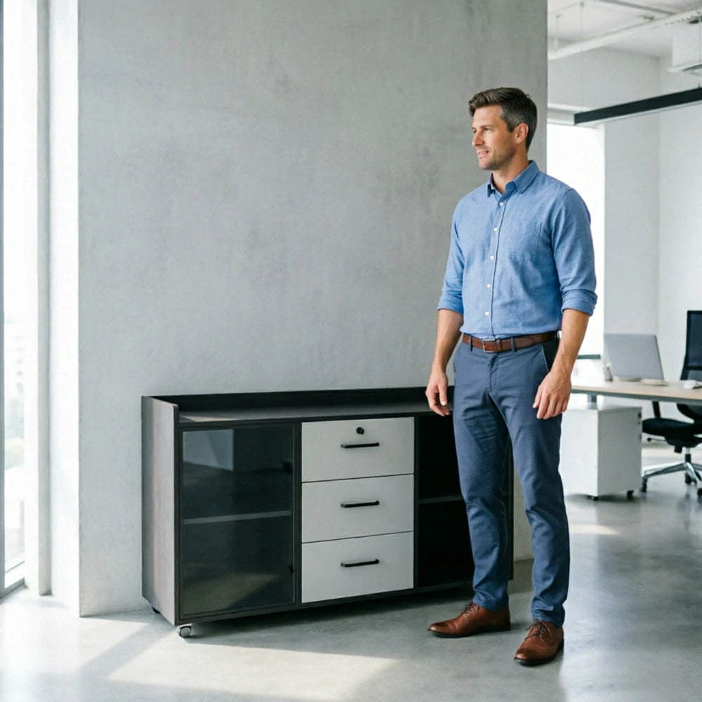 LIVARA Mobile Office Storage Cabinet - 3 Drawers and Open Shelves Printer Stand - Grey White