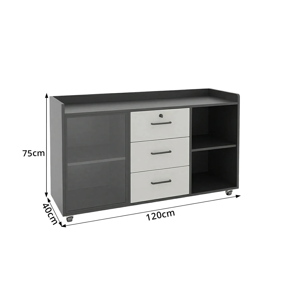 LIVARA Mobile Office Storage Cabinet - 3 Drawers and Open Shelves Printer Stand - Grey White