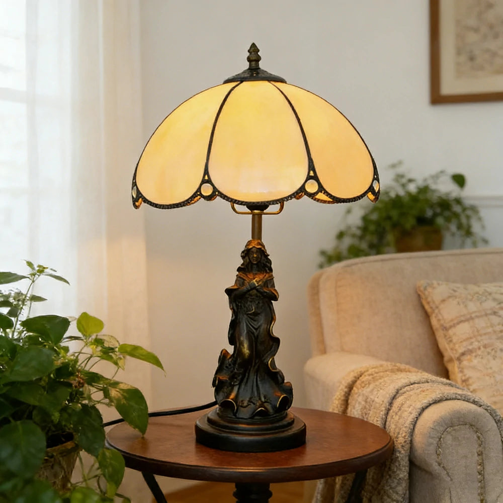 LIVARA European Vintage Minimalist Style Stained Glass Table Lamp Sculpture Base Handcrafted Artistic Design Suitable for Bedroom Living Room Bedside