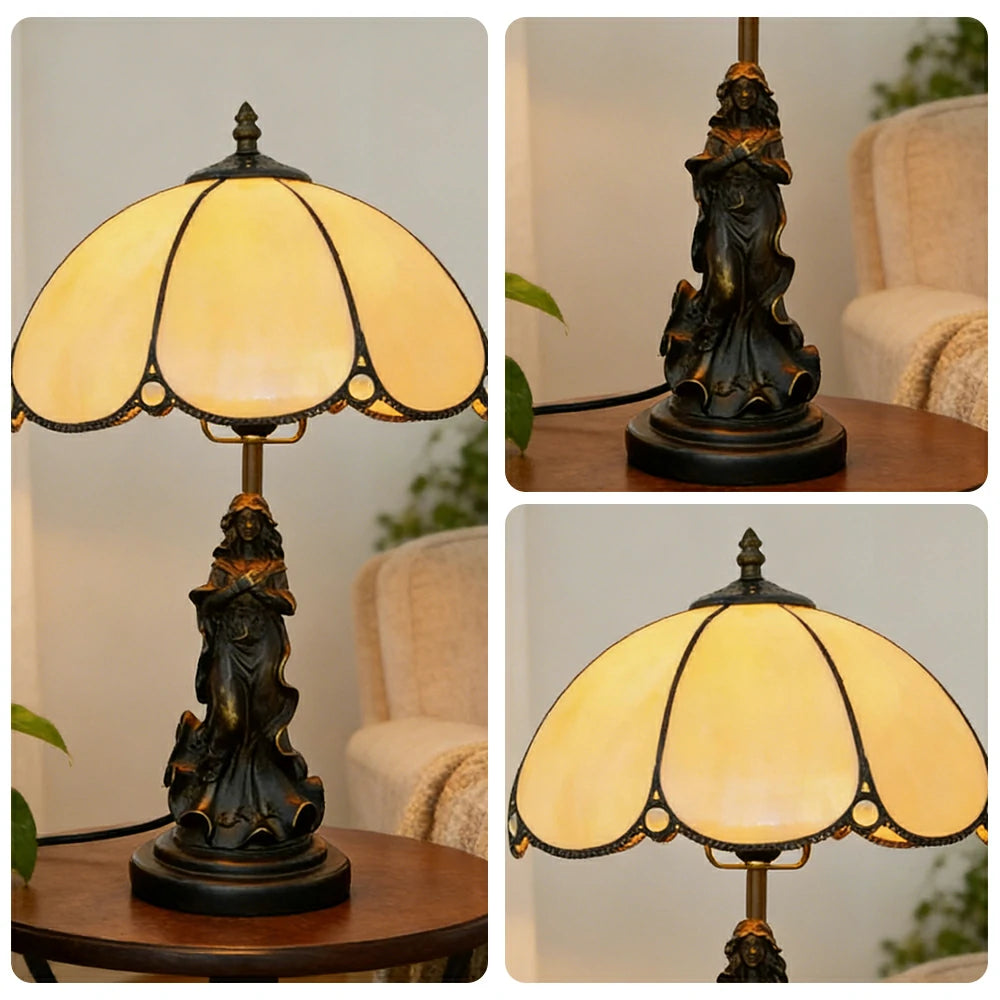 LIVARA European Vintage Minimalist Style Stained Glass Table Lamp Sculpture Base Handcrafted Artistic Design Suitable for Bedroom Living Room Bedside