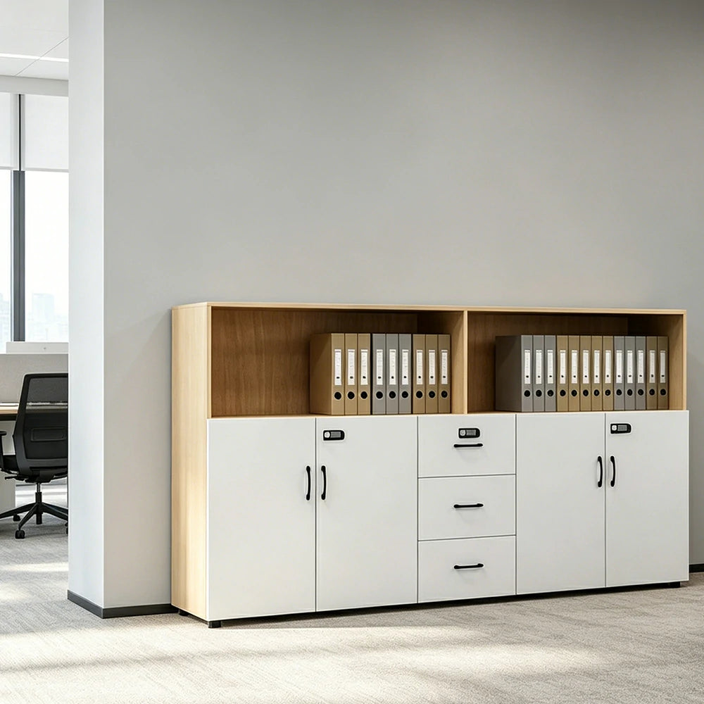 LIVARA Office Filing Cabinet - 4 Doors 3 Drawers Storage Cabinet for Workspace - Natural Wood Warm White