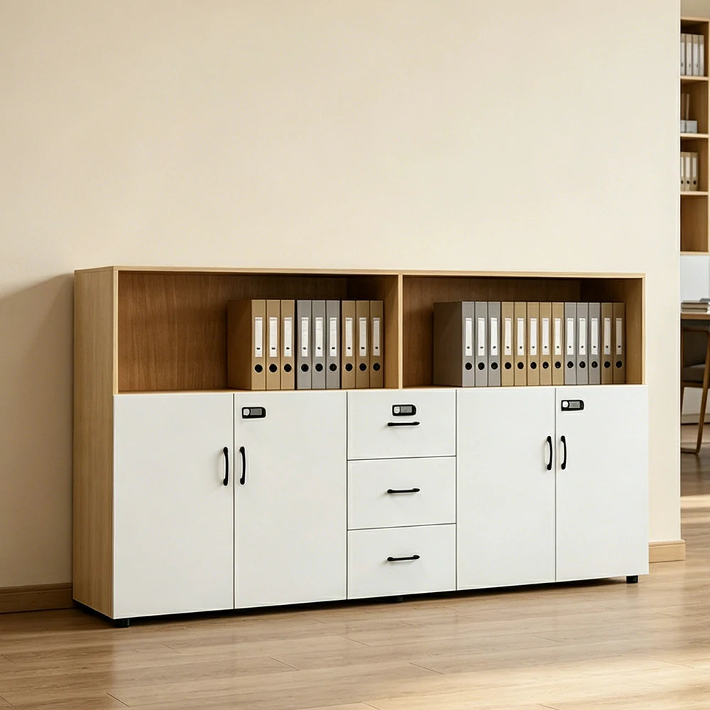 LIVARA Office Filing Cabinet - 4 Doors 3 Drawers Storage Cabinet for Workspace - Natural Wood Warm White