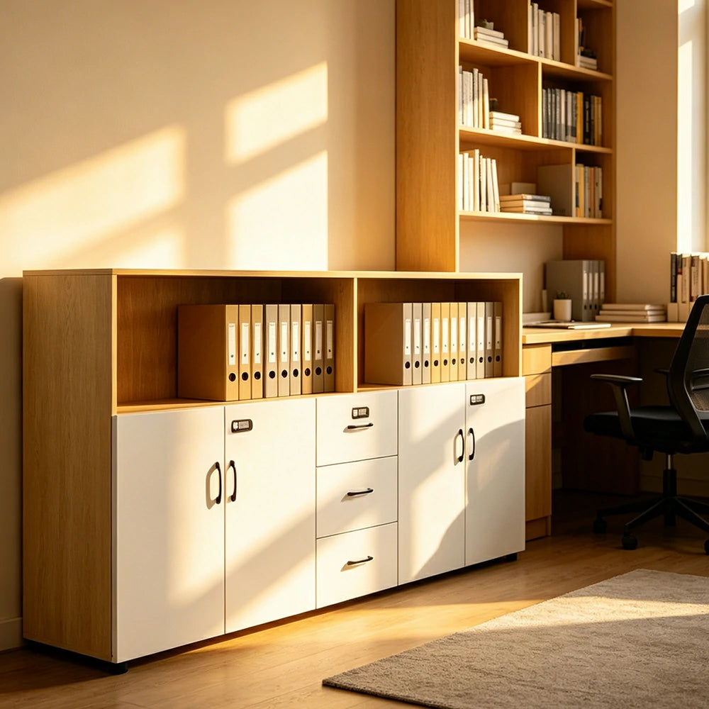LIVARA Office Filing Cabinet - 4 Doors 3 Drawers Storage Cabinet for Workspace - Natural Wood Warm White