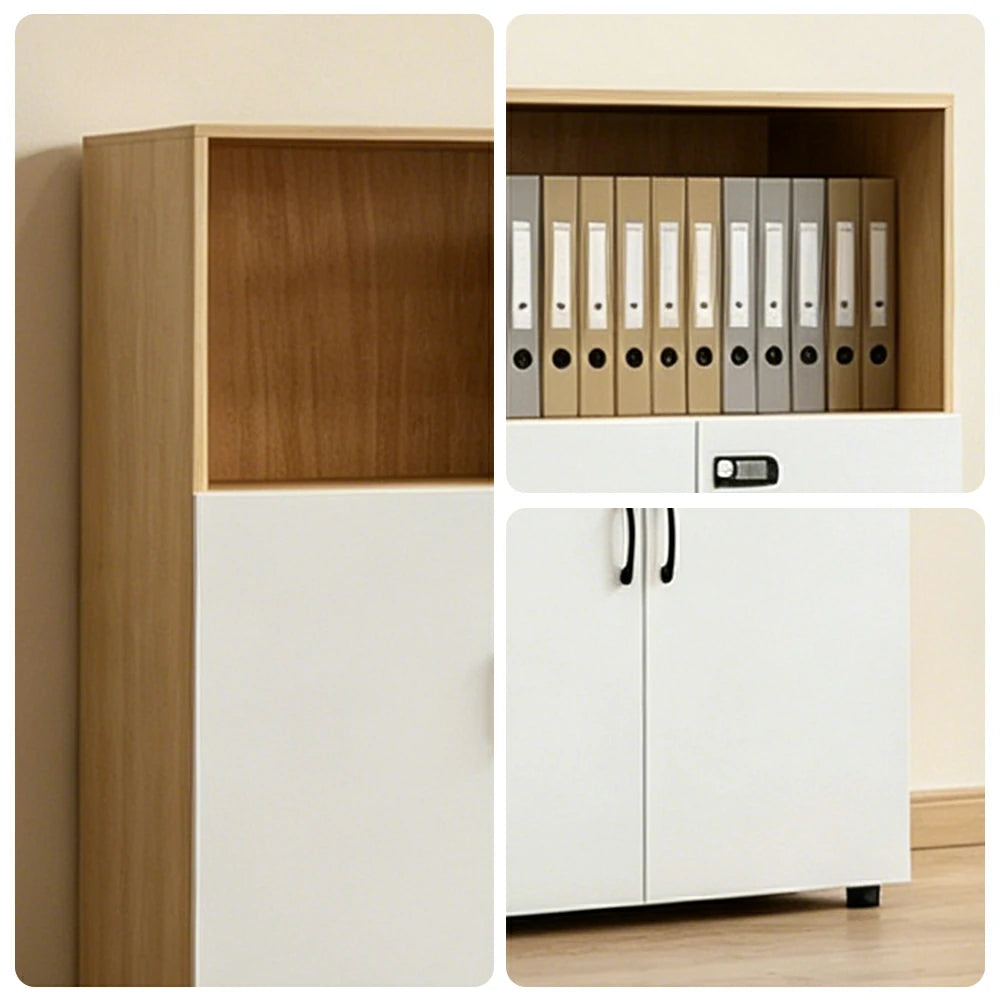 LIVARA Office Filing Cabinet - 4 Doors 3 Drawers Storage Cabinet for Workspace - Natural Wood Warm White