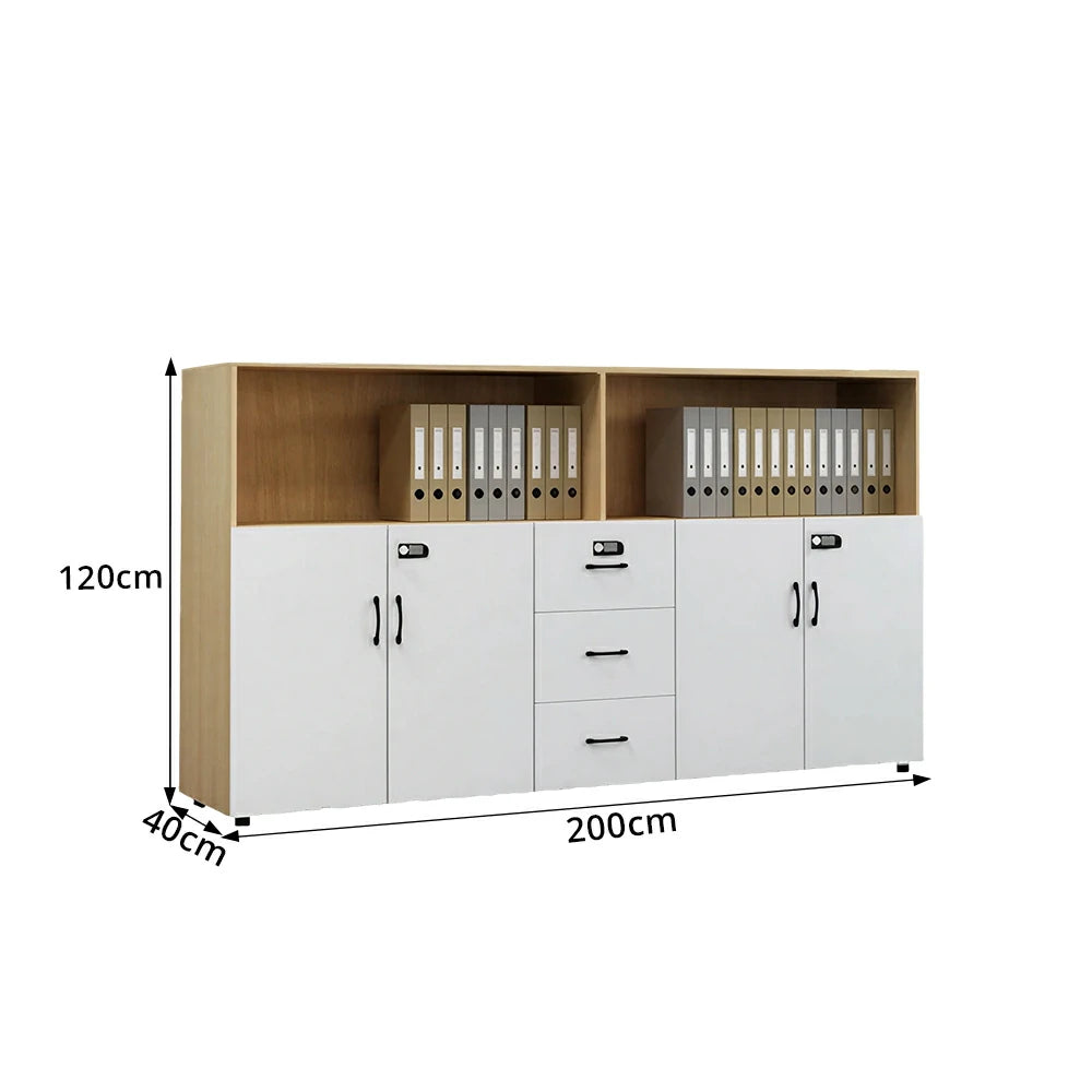 LIVARA Office Filing Cabinet - 4 Doors 3 Drawers Storage Cabinet for Workspace - Natural Wood Warm White