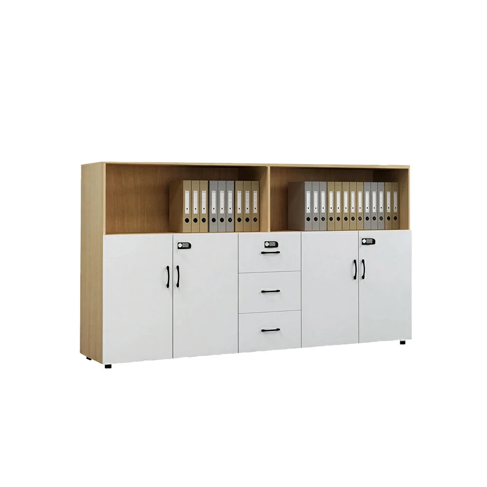 LIVARA Office Filing Cabinet - 4 Doors 3 Drawers Storage Cabinet for Workspace - Natural Wood Warm White