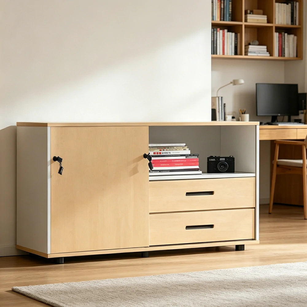 LIVARA Office Storage Cabinet - Left Door 2 Drawers Display Shelf for Workspace - Oak Beige