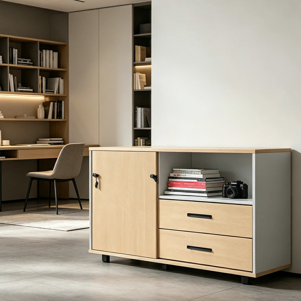 LIVARA Office Storage Cabinet - Left Door 2 Drawers Display Shelf for Workspace - Oak Beige