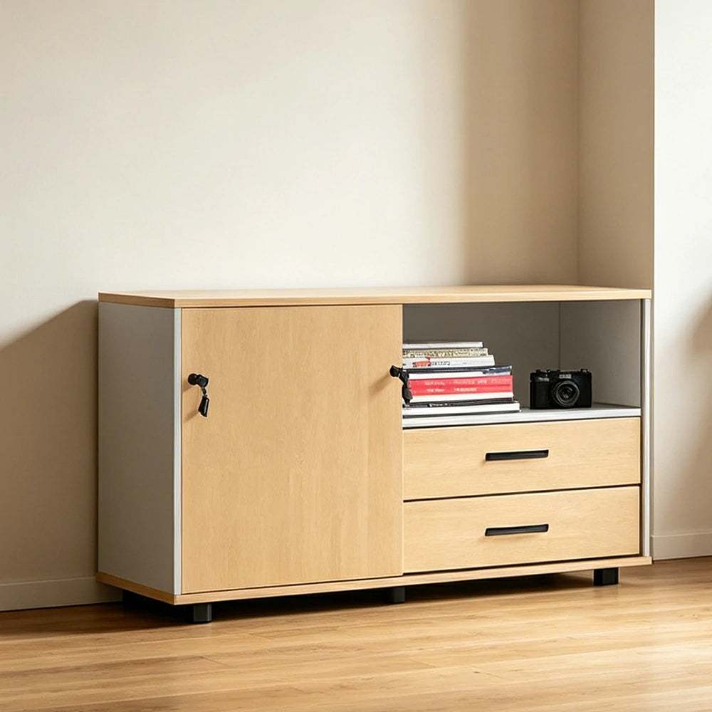LIVARA Office Storage Cabinet - Left Door 2 Drawers Display Shelf for Workspace - Oak Beige
