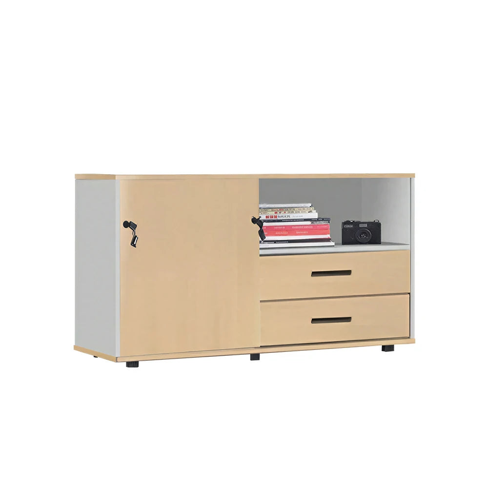 LIVARA Office Storage Cabinet - Left Door 2 Drawers Display Shelf for Workspace - Oak Beige