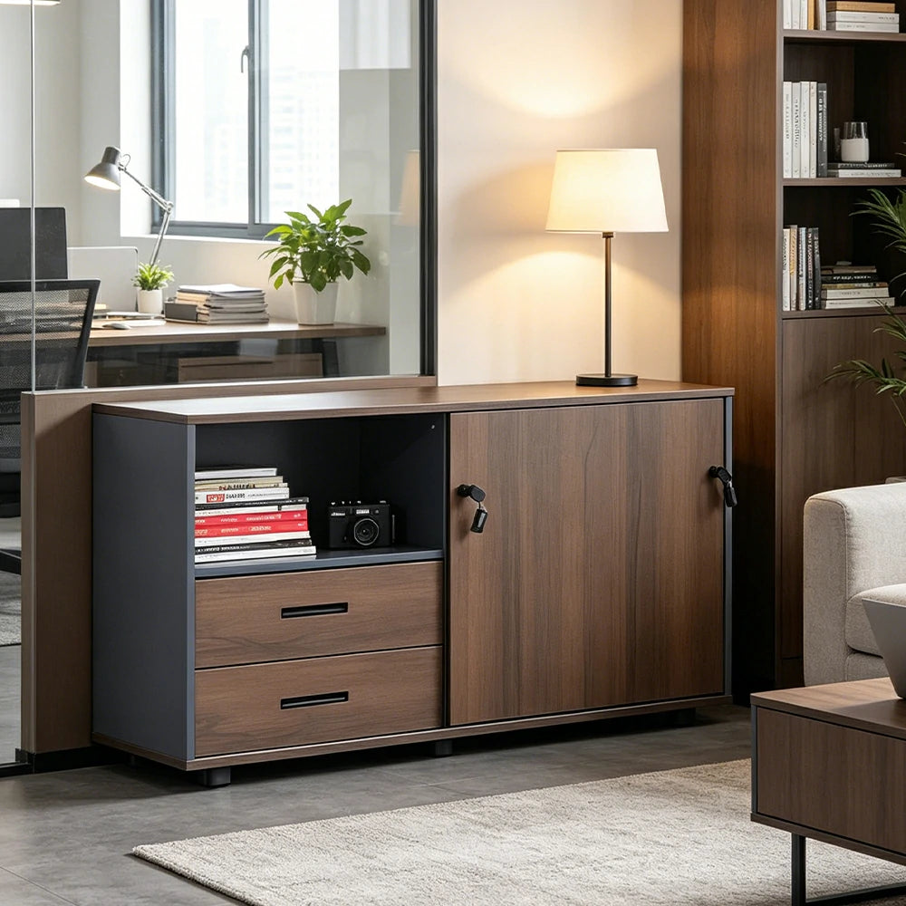 LIVARA Office Storage Cabinet - Left Door 2 Drawers Display Shelf for Workspace - Grey