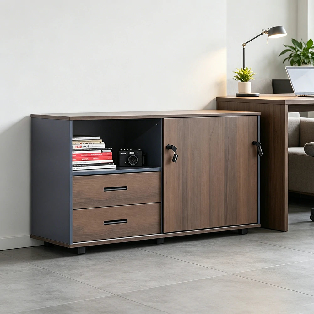 LIVARA Office Storage Cabinet - Left Door 2 Drawers Display Shelf for Workspace - Grey