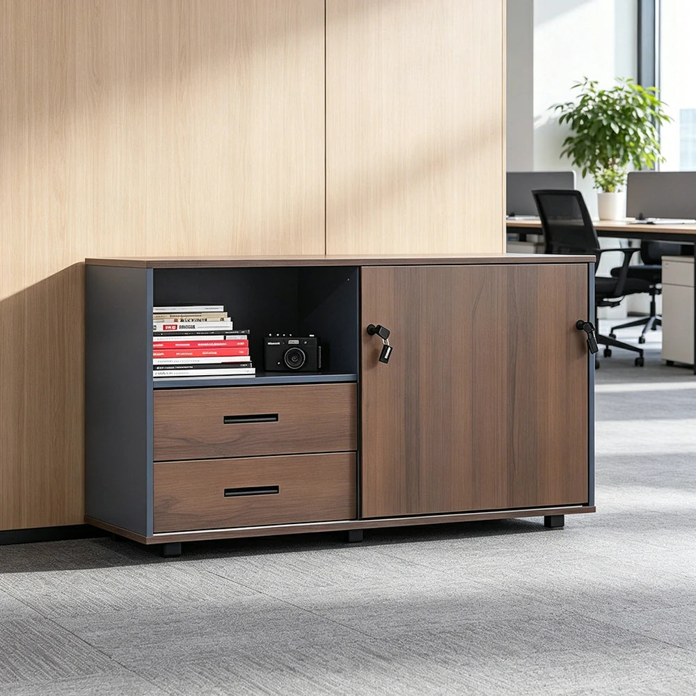 LIVARA Office Storage Cabinet - Left Door 2 Drawers Display Shelf for Workspace - Grey