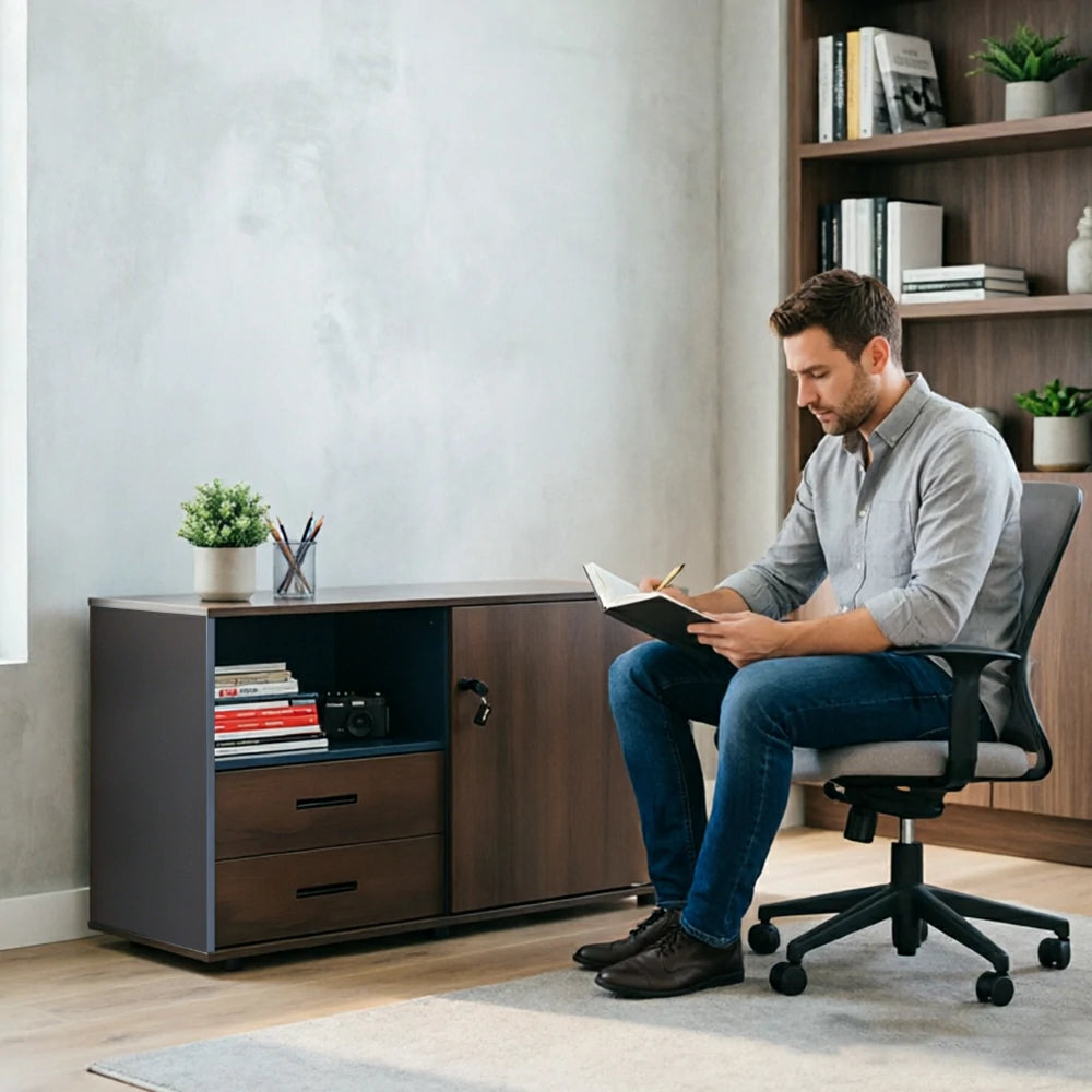 LIVARA Office Storage Cabinet - Left Door 2 Drawers Display Shelf for Workspace - Grey