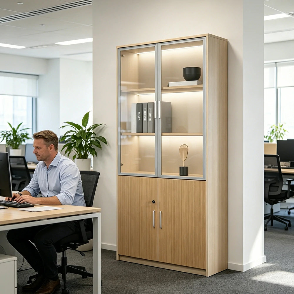 LIVARA 2 Door Glass Storage Cabinet Aluminium Frame 80x40x200cm for Office Study Room - White