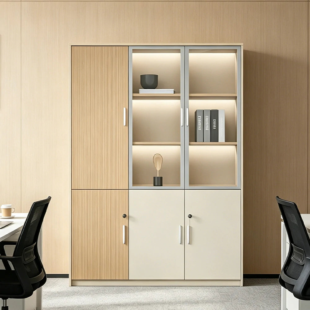 LIVARA 3 Door Left Storage Cabinet Glass Display Cabinet for Office Study Room - Natural Beige