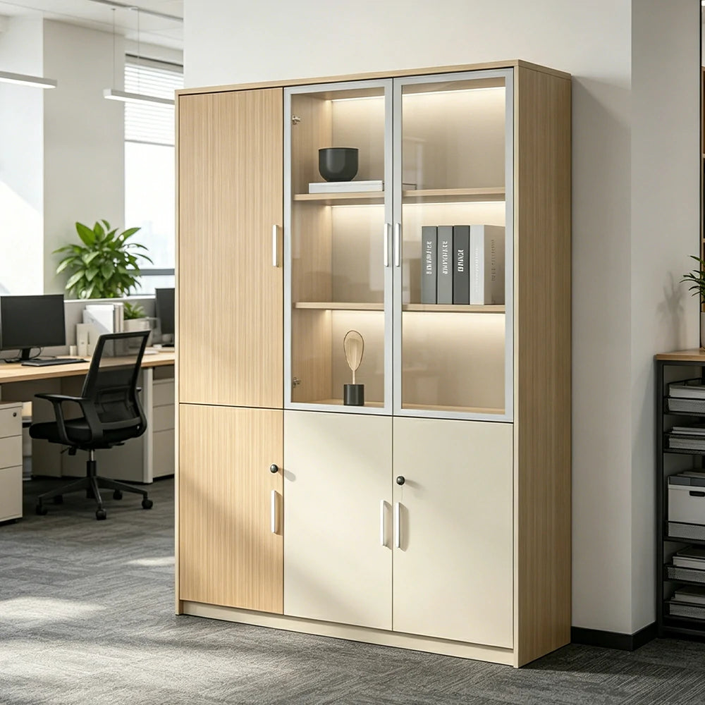 LIVARA 3 Door Left Storage Cabinet Glass Display Cabinet for Office Study Room - Natural Beige