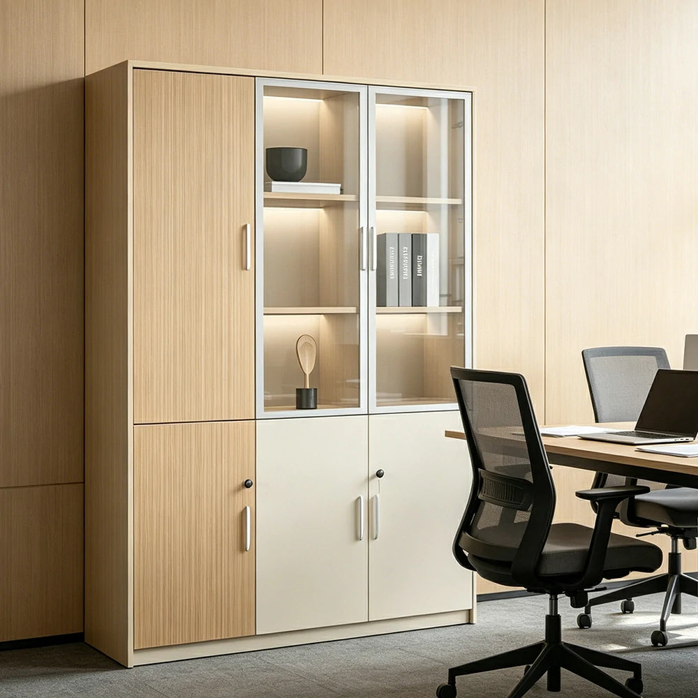 LIVARA 3 Door Left Storage Cabinet Glass Display Cabinet for Office Study Room - Natural Beige
