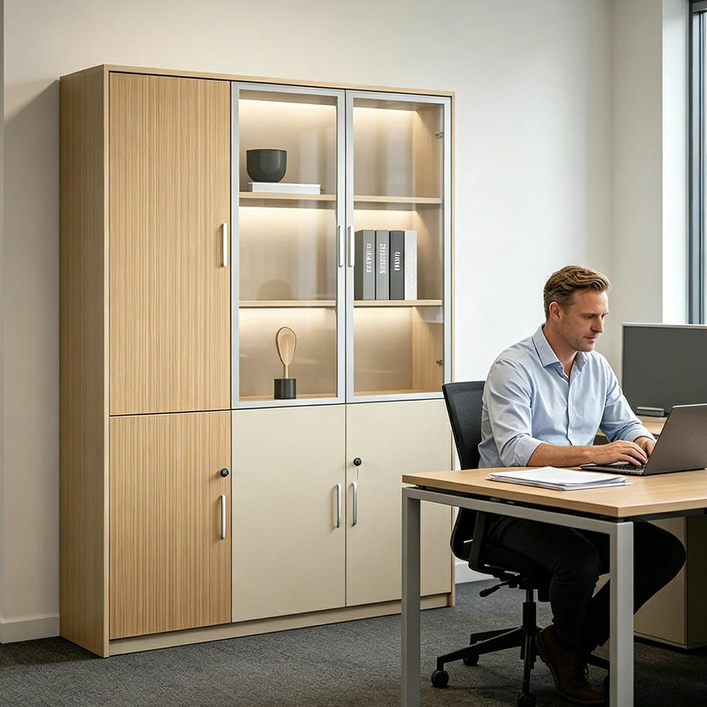 LIVARA 3 Door Left Storage Cabinet Glass Display Cabinet for Office Study Room - Natural Beige