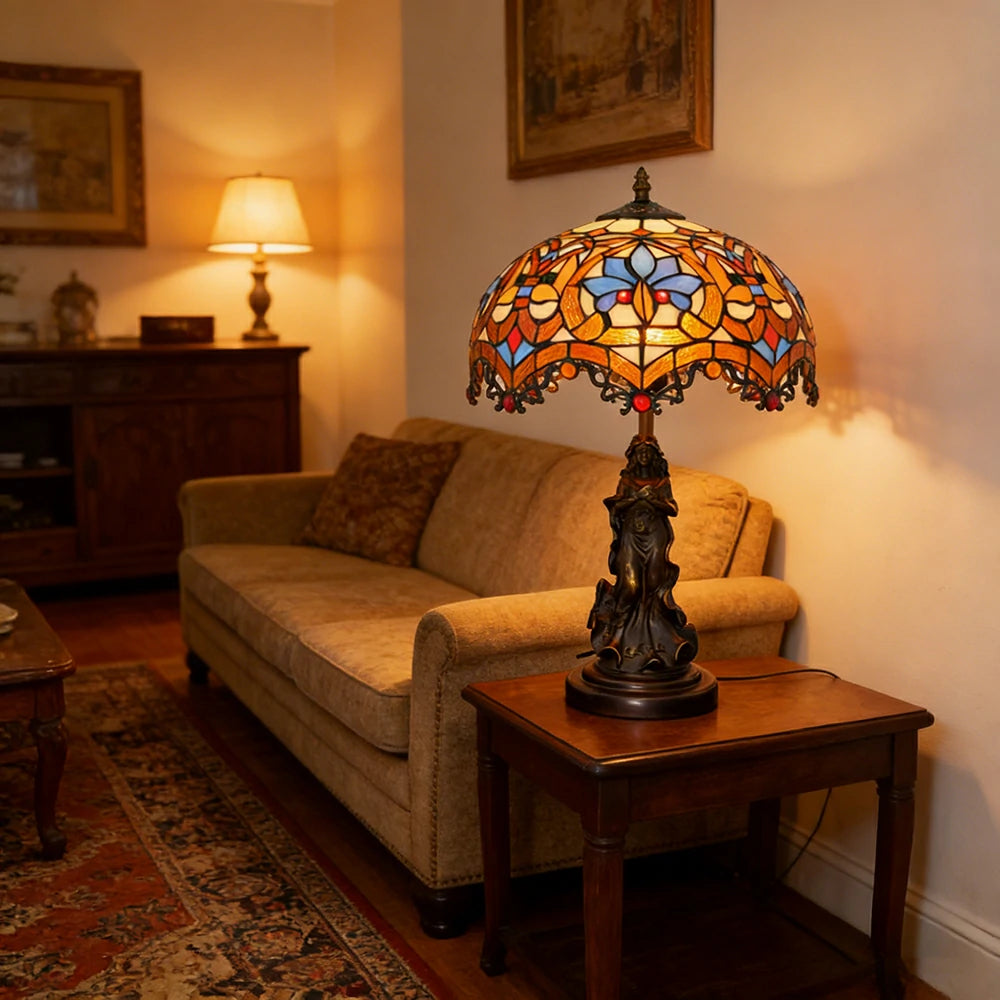 LIVARA European Vintage Heart Bead Style Stained Glass Table Lamp Sculpture Base Handcrafted Artistic Design Suitable for Bedroom Living Room Bedside
