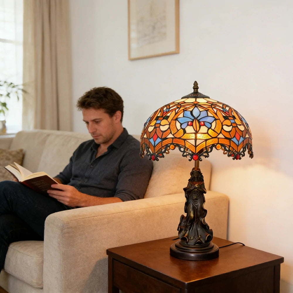 LIVARA European Vintage Heart Bead Style Stained Glass Table Lamp Sculpture Base Handcrafted Artistic Design Suitable for Bedroom Living Room Bedside