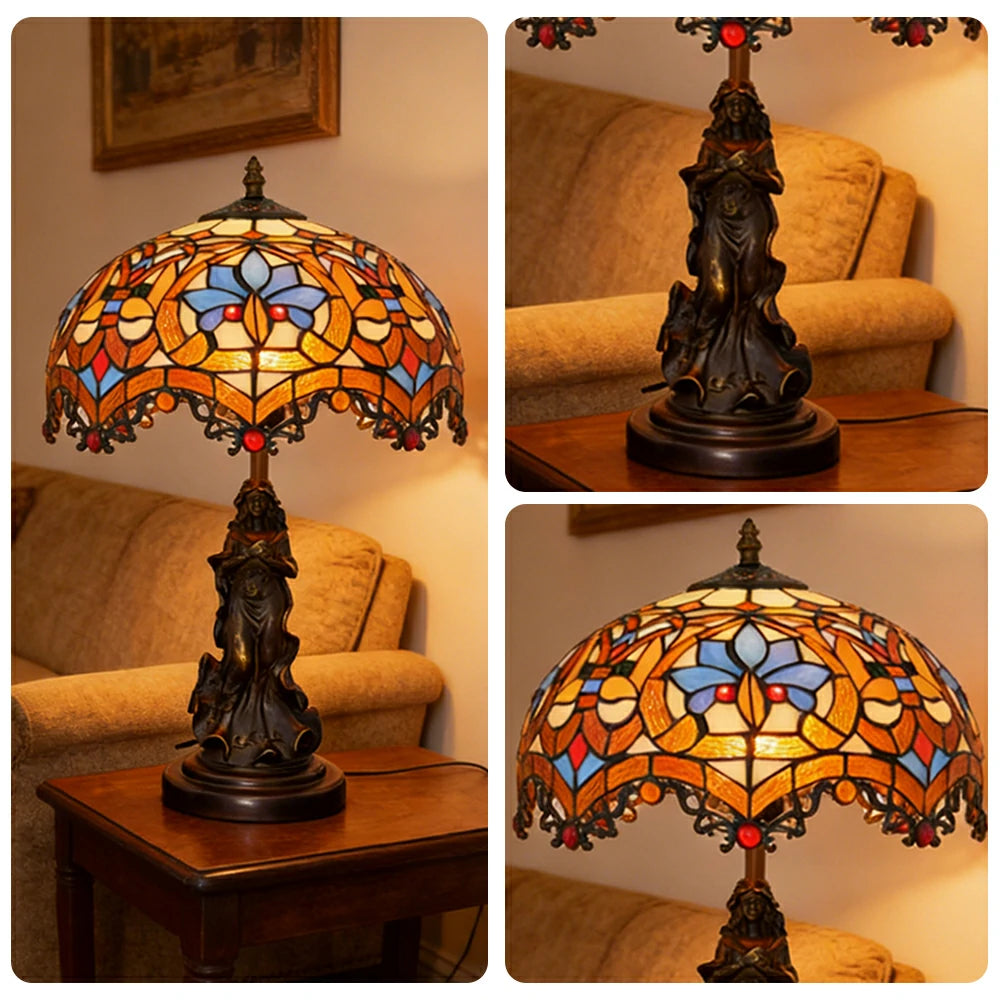 LIVARA European Vintage Heart Bead Style Stained Glass Table Lamp Sculpture Base Handcrafted Artistic Design Suitable for Bedroom Living Room Bedside