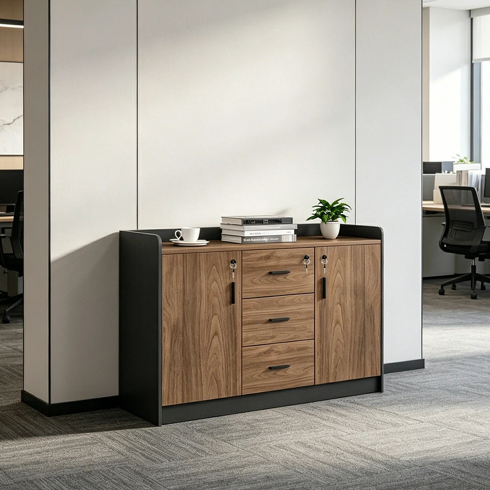 LIVARA Type A 2 Door 3 Drawer Tea Cabinet Office Storage Sideboard - Walnut