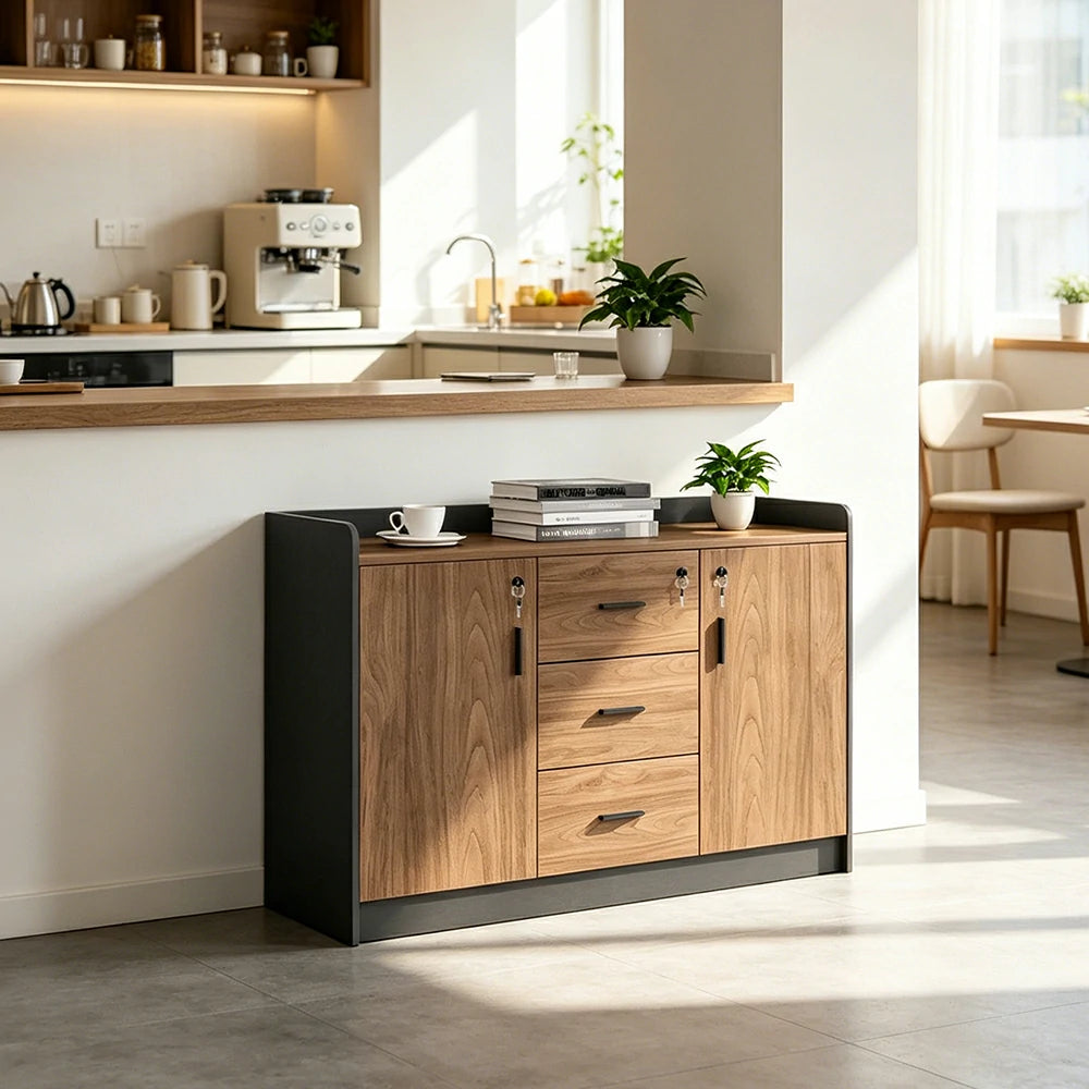 LIVARA Type A 2 Door 3 Drawer Tea Cabinet Office Storage Sideboard - Walnut