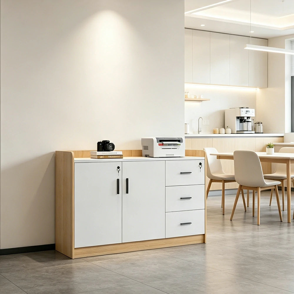 LIVARA 2 Door 3 Drawer Tea Cabinet Office Pantry Storage Sideboard - Walnut & Warm White