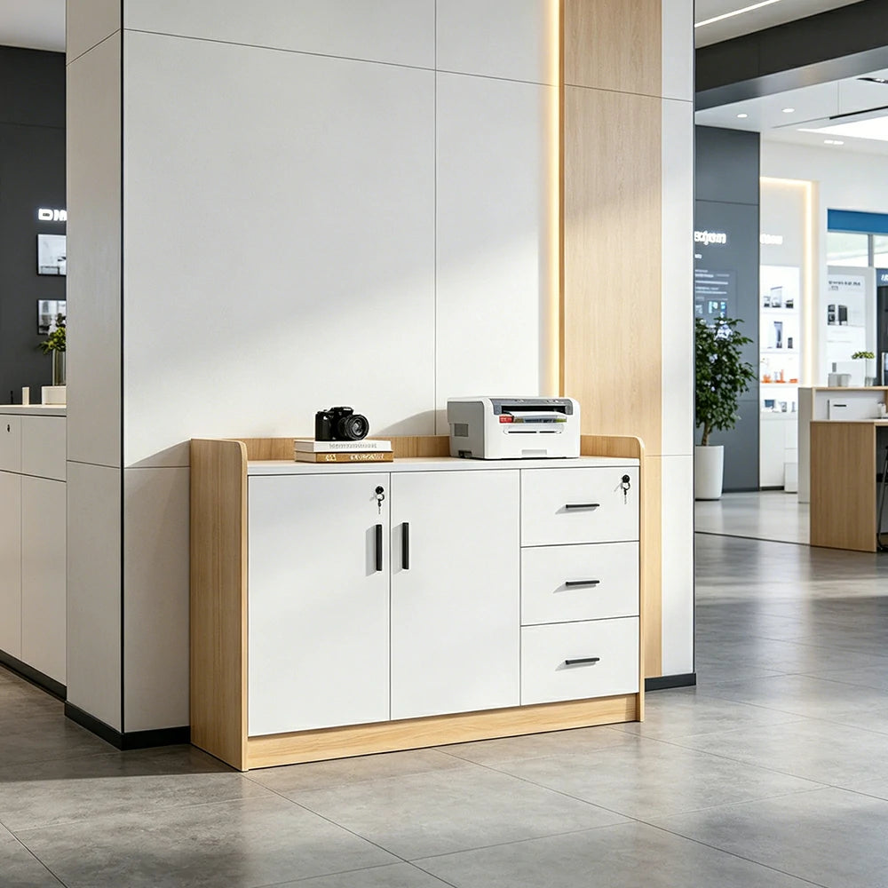 LIVARA 2 Door 3 Drawer Tea Cabinet Office Pantry Storage Sideboard - Walnut & Warm White