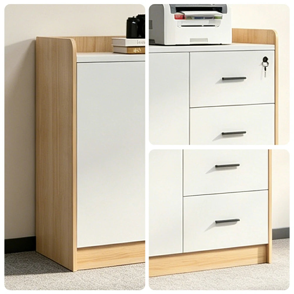 LIVARA 2 Door 3 Drawer Tea Cabinet Office Pantry Storage Sideboard - Walnut & Warm White