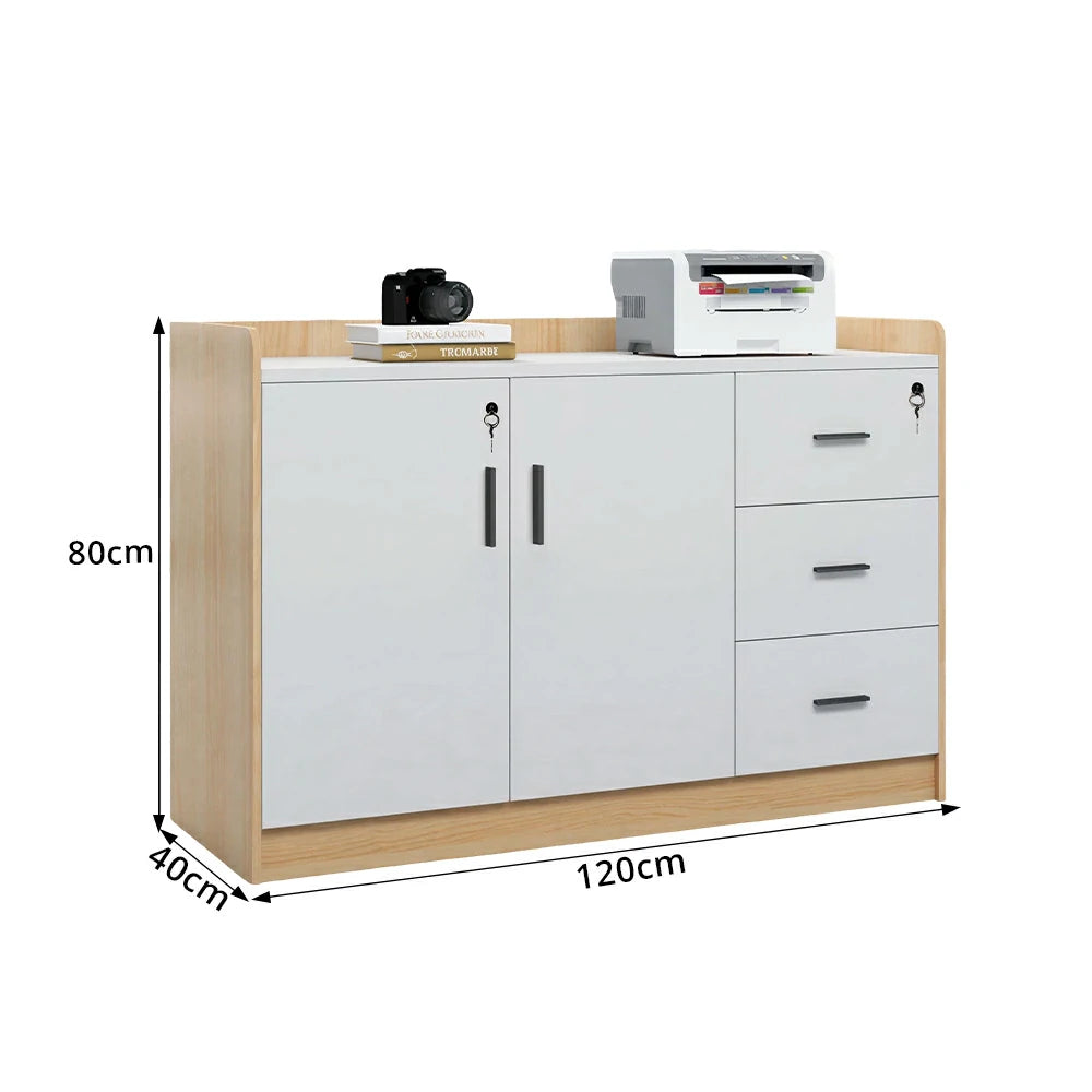 LIVARA 2 Door 3 Drawer Tea Cabinet Office Pantry Storage Sideboard - Walnut & Warm White