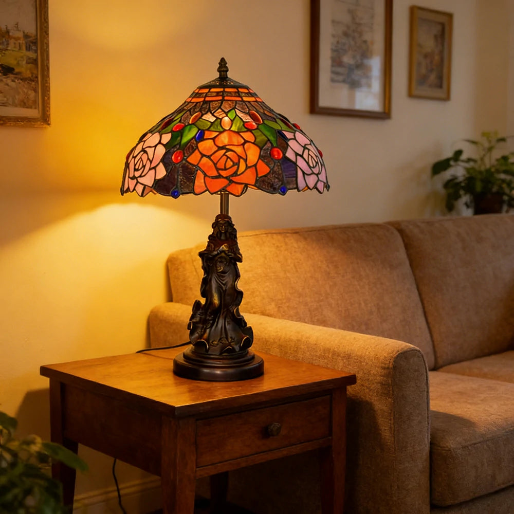 LIVARA European Vintage Black Rose Stained Glass Table Lamp Sculpture Base Handcrafted Artistic Design Suitable for Bedroom Living Room Bedside