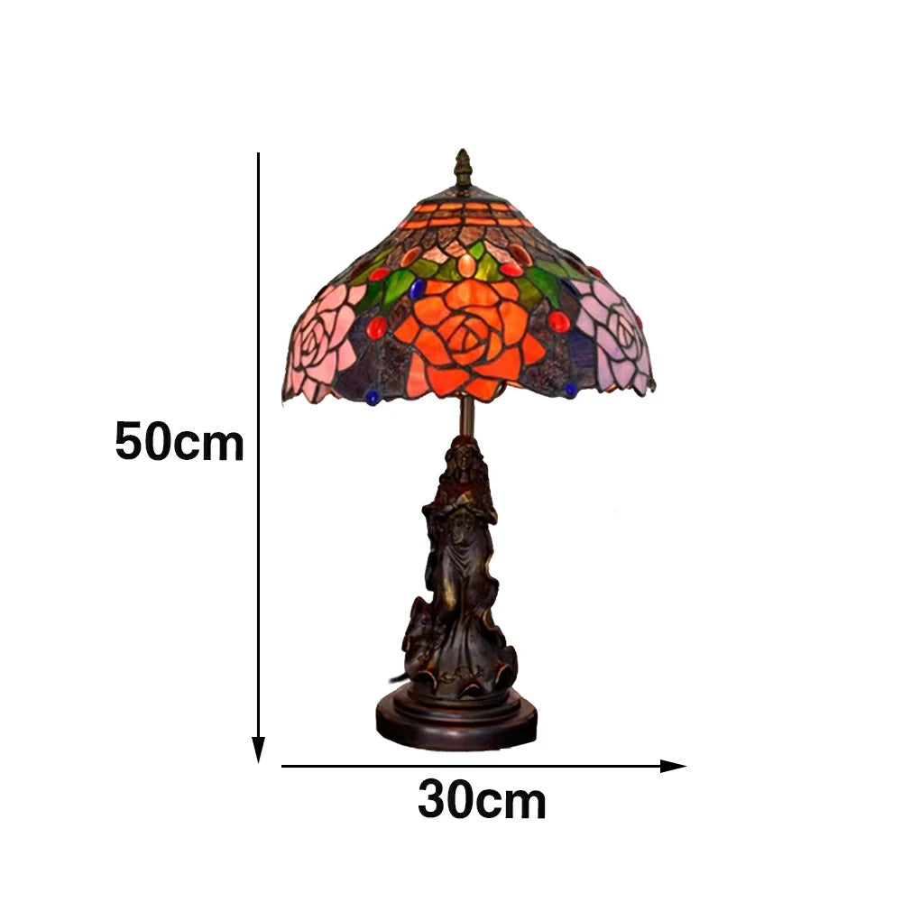 LIVARA European Vintage Black Rose Stained Glass Table Lamp Sculpture Base Handcrafted Artistic Design Suitable for Bedroom Living Room Bedside