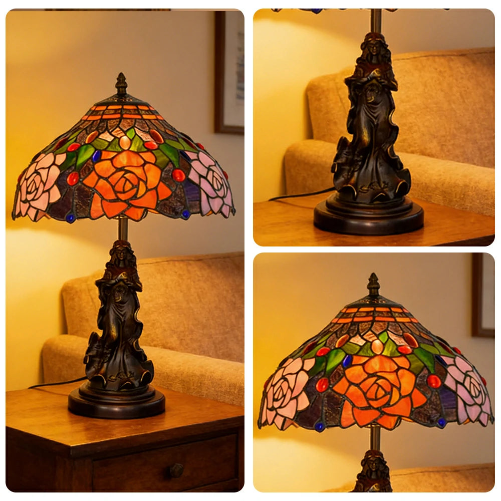 LIVARA European Vintage Black Rose Stained Glass Table Lamp Sculpture Base Handcrafted Artistic Design Suitable for Bedroom Living Room Bedside