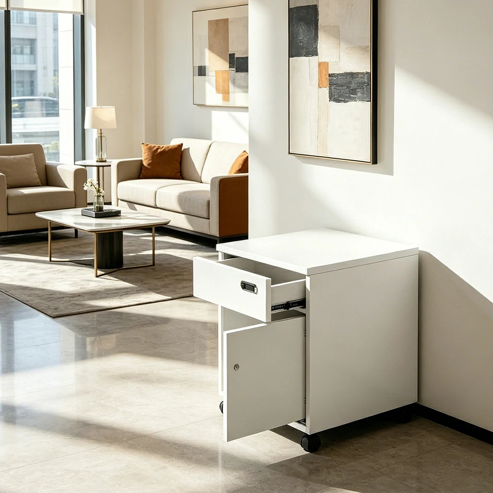 LIVARA 1 Door 1 Drawer Mobile Storage Cabinet for Home Office - Classic White