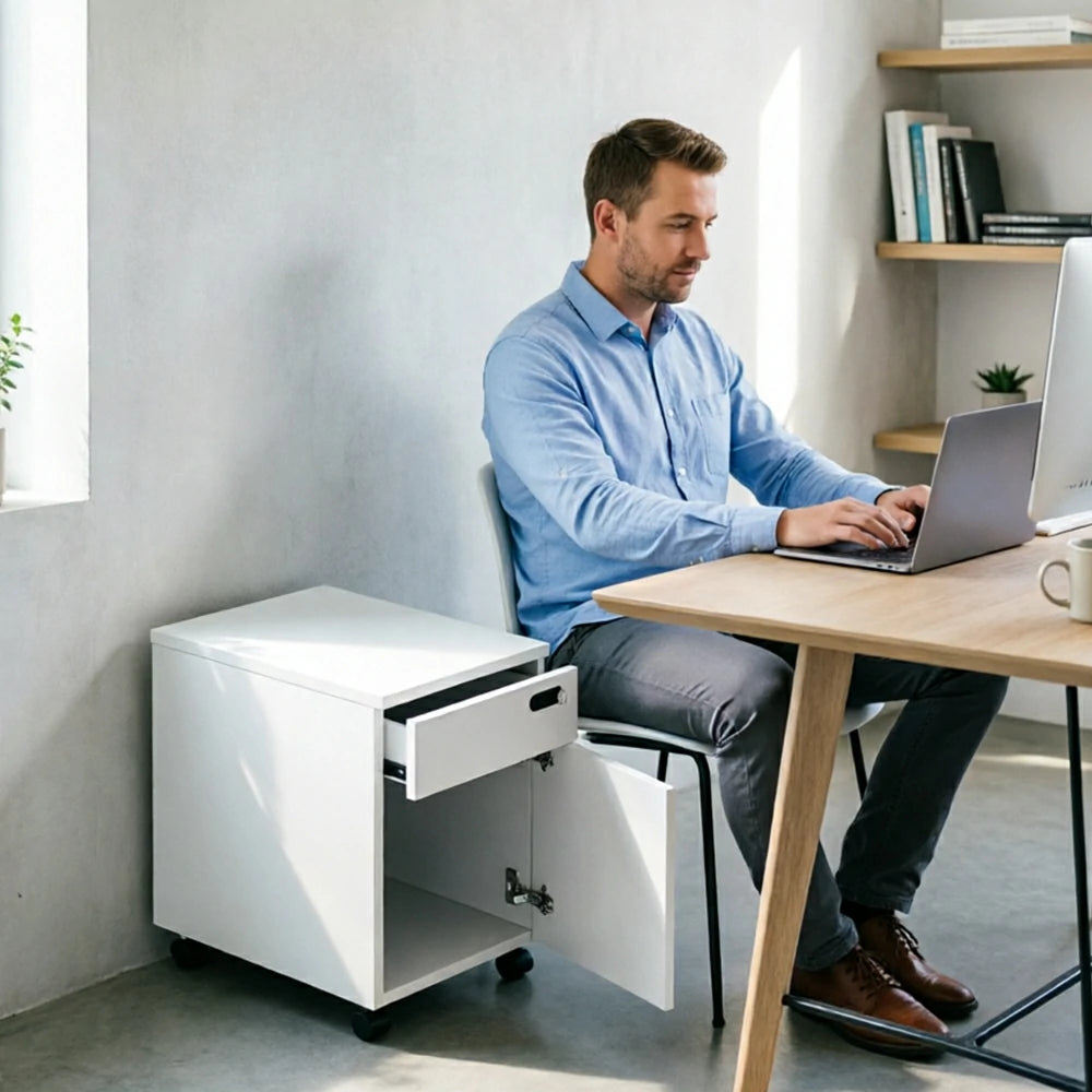 LIVARA 1 Door 1 Drawer Mobile Storage Cabinet for Home Office - Classic White