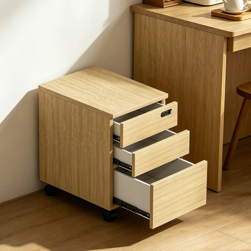 LIVARA 3 Drawer Mobile Filing Cabinet with Casters for Home Office - Natural Wood