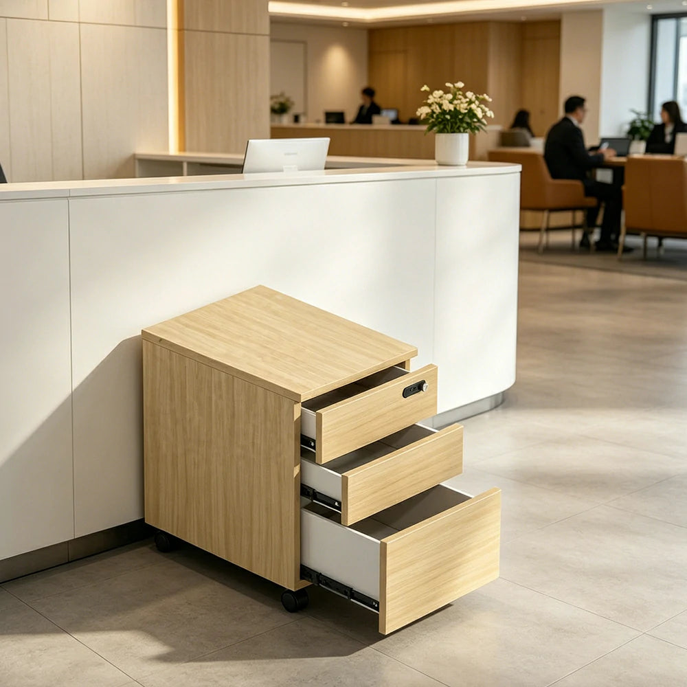 LIVARA 3 Drawer Mobile Filing Cabinet with Casters for Home Office - Natural Wood
