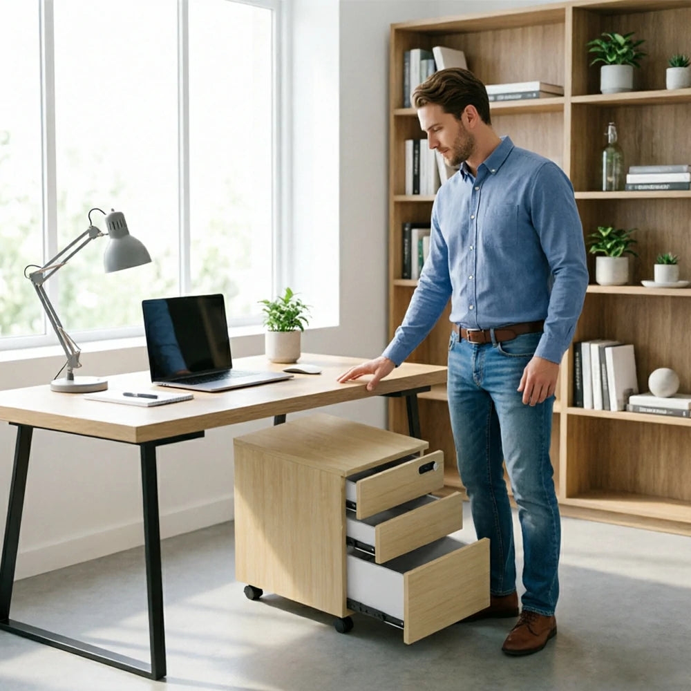 LIVARA 3 Drawer Mobile Filing Cabinet with Casters for Home Office - Natural Wood