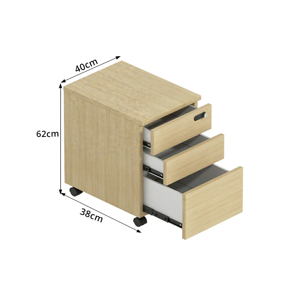 LIVARA 3 Drawer Mobile Filing Cabinet with Casters for Home Office - Natural Wood
