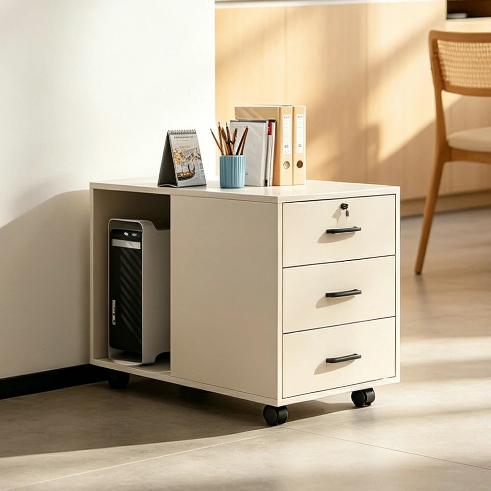 LIVARA 3 Drawer Mobile Filing Cabinet with Right CPU Shelf for Home Office - Cream White