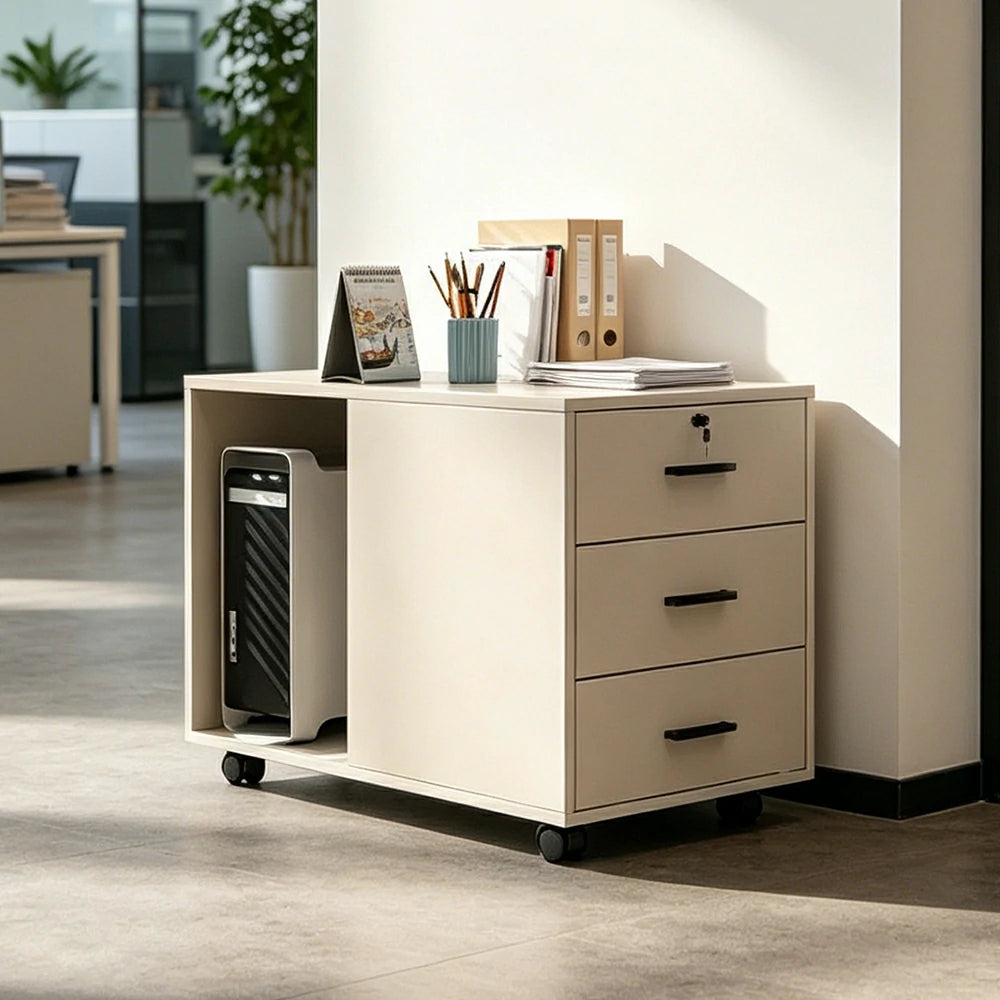 LIVARA 3 Drawer Mobile Filing Cabinet with Right CPU Shelf for Home Office - Cream White
