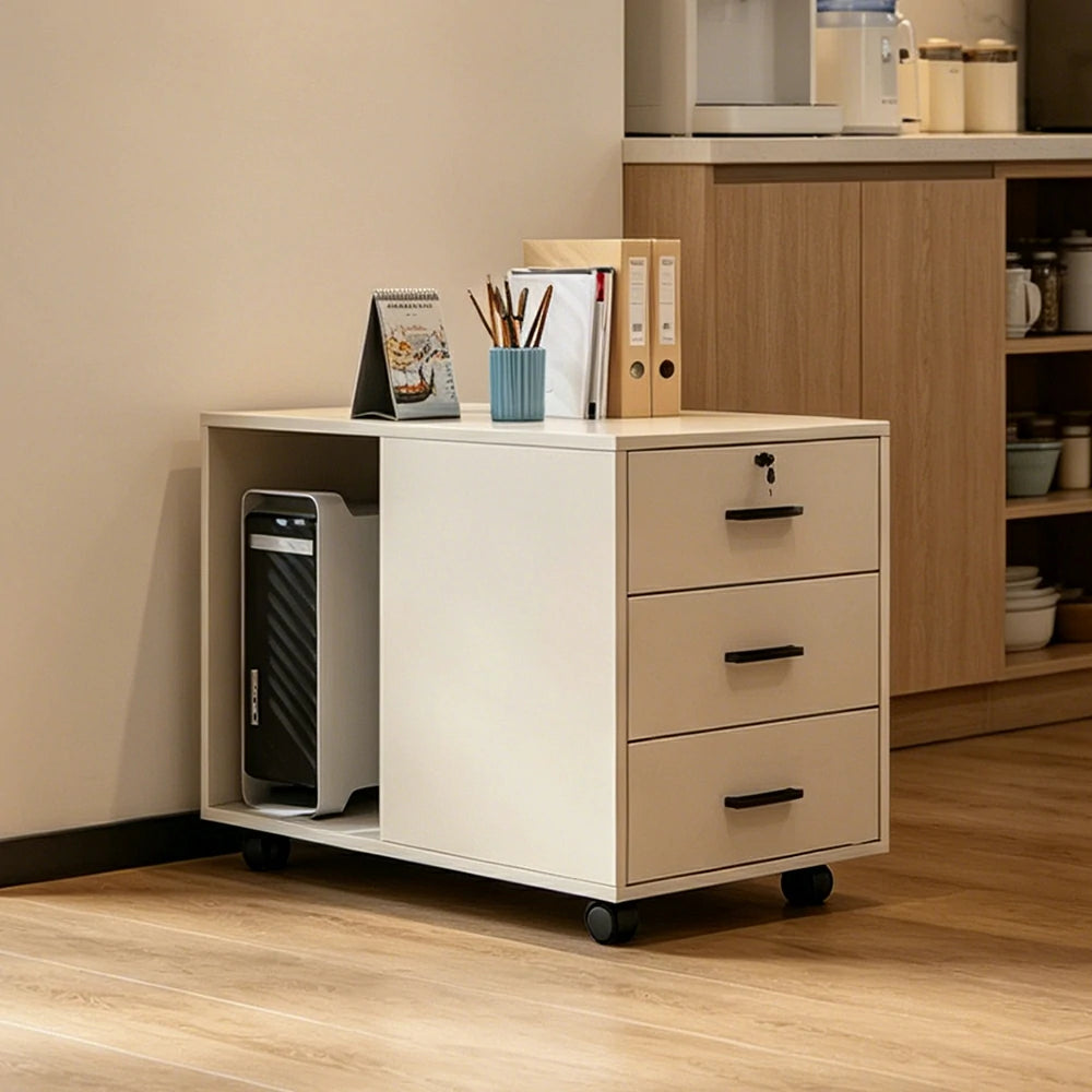LIVARA 3 Drawer Mobile Filing Cabinet with Right CPU Shelf for Home Office - Cream White
