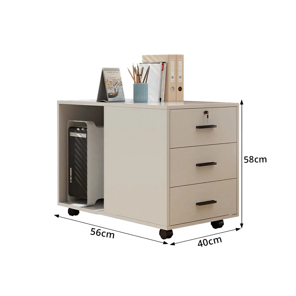LIVARA 3 Drawer Mobile Filing Cabinet with Right CPU Shelf for Home Office - Cream White