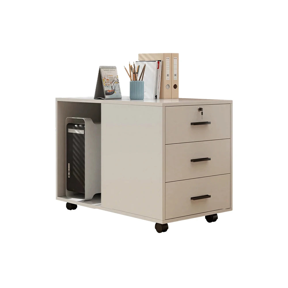 LIVARA 3 Drawer Mobile Filing Cabinet with Right CPU Shelf for Home Office - Cream White