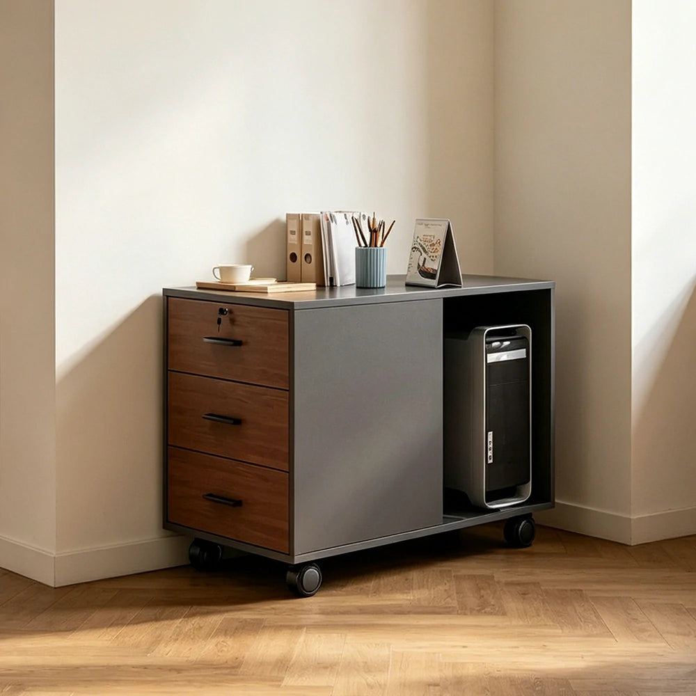 LIVARA 3 Drawer Mobile Filing Cabinet with Right CPU Shelf for Home Office - Grey