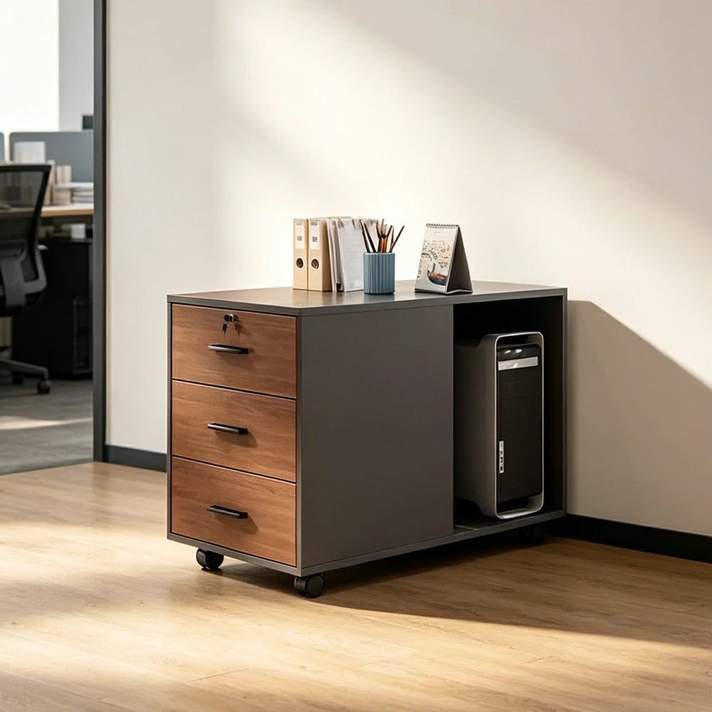 LIVARA 3 Drawer Mobile Filing Cabinet with Right CPU Shelf for Home Office - Grey