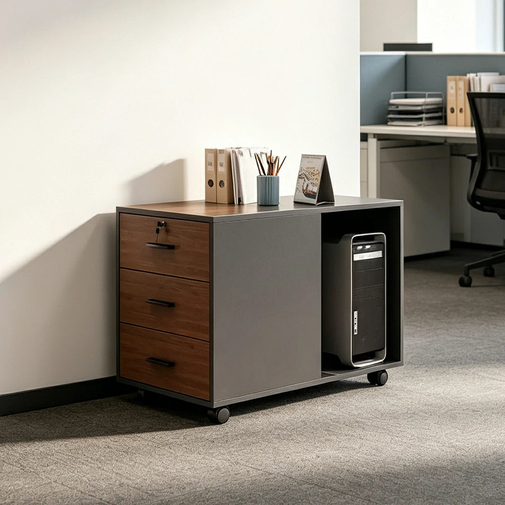 LIVARA 3 Drawer Mobile Filing Cabinet with Right CPU Shelf for Home Office - Grey